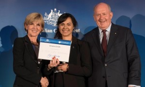 Minister for Foreign Affairs, the Hon Julie Bishop MP, Amarina Smith, Governor-General, His Excellency General the Honourable Sir Peter Cosgrove AK MC (Retd) 