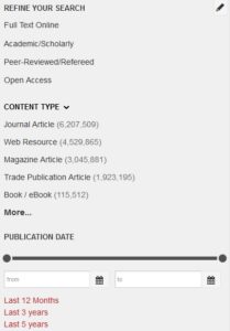 Screenshot of Griffith Library catalogue results page filters
