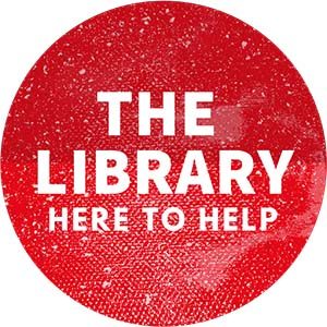 White words inside a red circle. The words read “The Library: Here to help”.