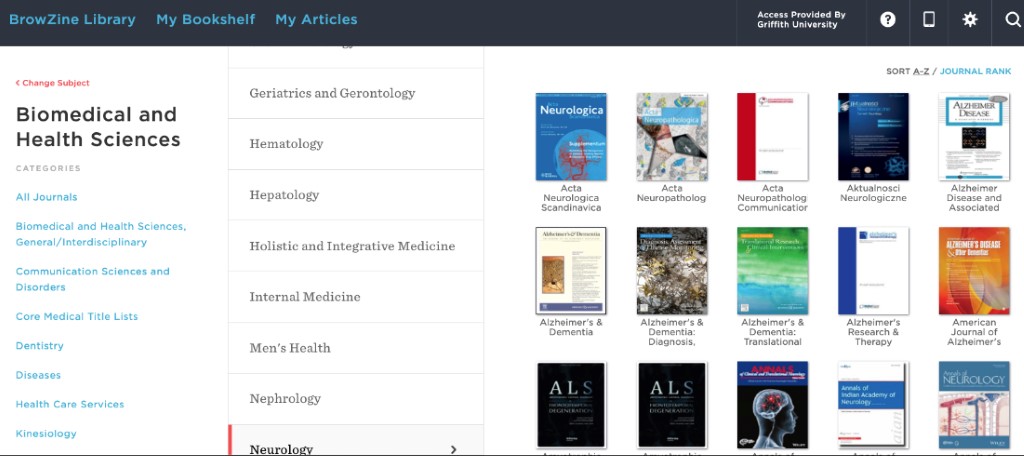 Screenshot of BrowZine web interface showing a range of Biomedical and Health Sciences journals.