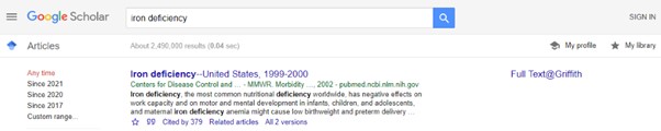 Screenshot of Google Scholar search results page showing a ‘Full Text@Griffith’ link.