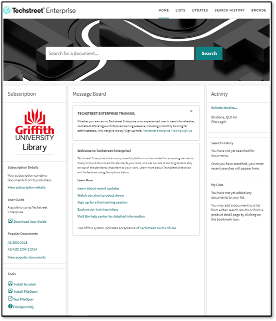 A screenshot of the Griffith Library subscription introduction on the Techstreet website.
