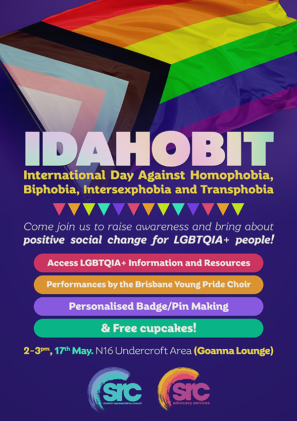 Sign for IDAHOBIT event at Nathan campus, 2-3pm at Goanna Lounge.