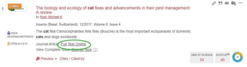 Screen capture of Griffith Library catalogue’s search results page. The 'Full Text Online’ link beneath an article is circled.