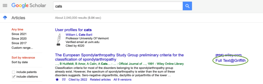 Screen capture of a Google Scholar search results page. The ‘Full Text@Griffith’ link beside an article is circled.