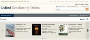A screenshot of the Oxford Scholarship Online homepage with a Browse section featuring biology ebooks.