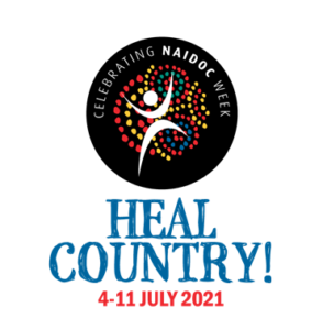 A black circle with colourful art and the words ‘Celebrating NAIDOC Week’. Below the circle is blue and red text, ‘Heal Country! 4-11 July 2021’.