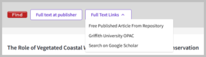 A screenshot of the new Web of Science showing the ‘Search on Google Scholar’ option as a drop-down from the ‘Full Text Links’ button.
