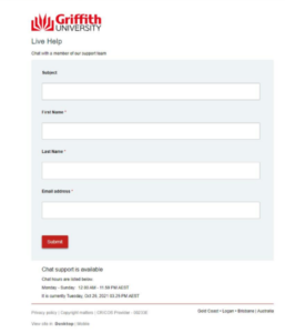 A screenshot of Griffith University Library Services Live Help registration page. There are fields to fill out for subject, first name, last name and email address. 