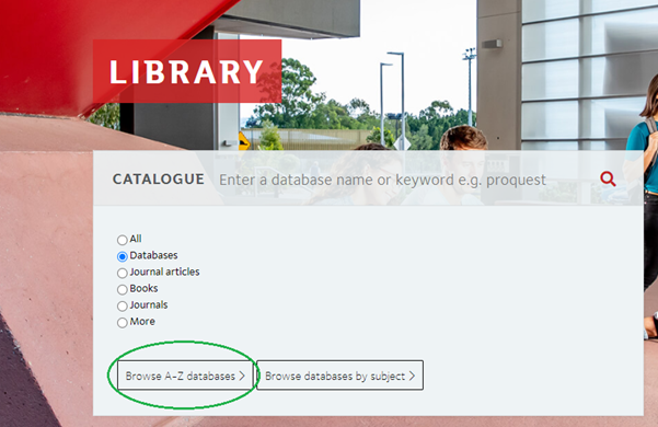 Screenshot of the catalogue search box on the Griffith Library homepage. The ’Databases’ button is selected and the ’Browse A-Z databases’ button is circled.
