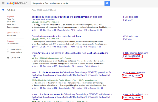 Screenshot of a Google Scholar search results page. The ’FullText@Griffith’ links are circled.
