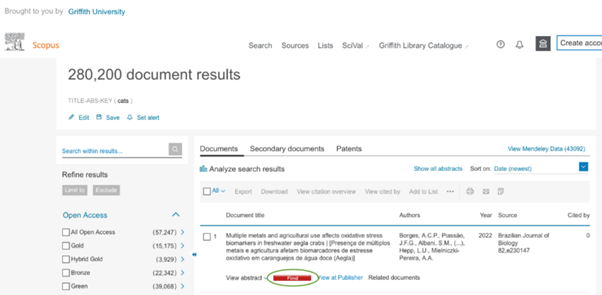 Screenshot of a Scopus database search results page. The red ’Find’ button is circled.