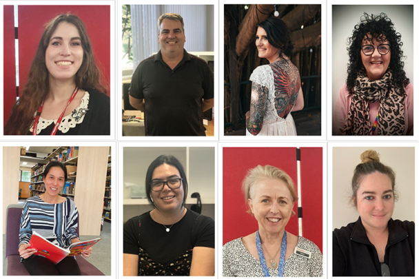 A collage of profile pictures of eight library staff looking straight at the camera and smiling.