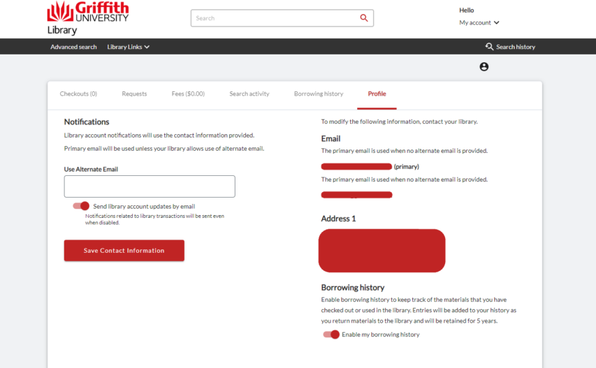 A screenshot displaying how to enable borrowing history. The toggle for this is in the bottom right-hand corner.