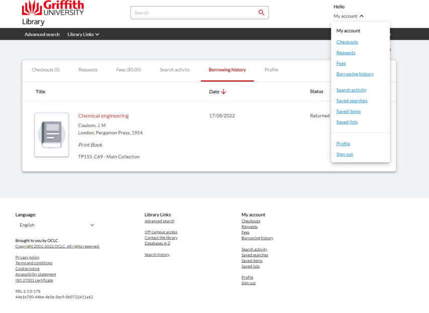 A screenshot displaying how to access My Account via the Library catalogue. The ‘My Account’ link is in the top right-hand corner of the Library catalogue webpage.