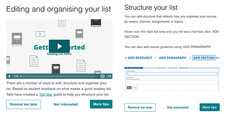 Screenshot of mini guides titled ‘Editing and organising your list’ and ‘Structure your list’