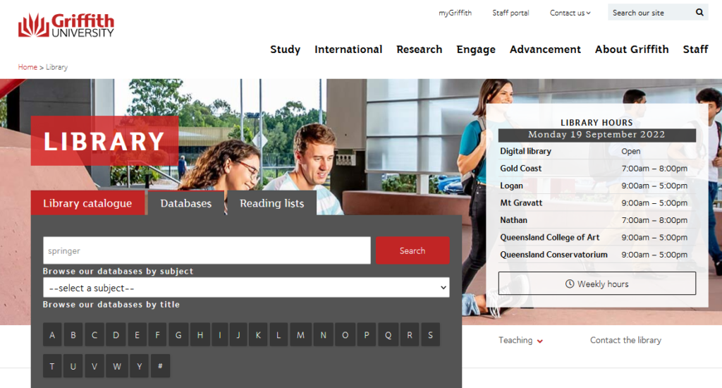 Screenshot of the Library homepage where ‘springer’ has been typed in the Databases search box. 