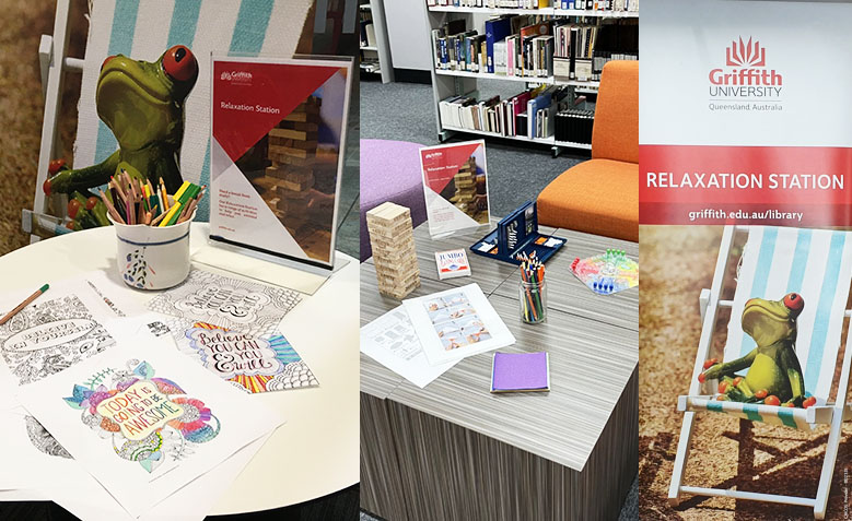 Relaxation stations with colouring pages, origami and games including a jenga tower.