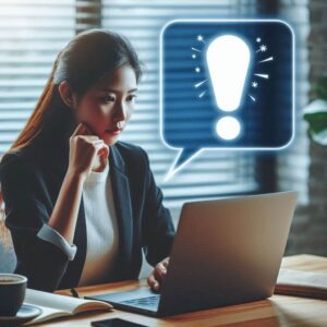 a person at a computer. There is a stylised exclamation point above them.