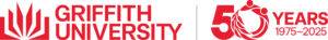 Griffith University red logo on the left and the Griffith 50 year red anniversary icon on the right. 
