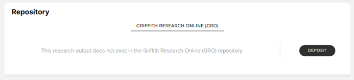 Screenshot of a repository status message from Griffith Research online (GRO) repository. A button labelled "Deposit" appears on the right hand side of the screen