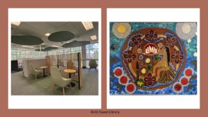 Two pictures one of of Aboriginal artwork the other a room with chairs and desks.