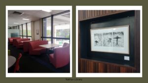 Two pictures, one with artwork the other with booths and chairs.