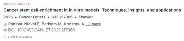 Alt text:"Screenshot of a journal article citation showing: 'Cancer stem cell enrichment in in vitro models: Techniques, insights, and applications' published in 2025 in Cancer Letters, volume 632, article 217966, by Elsevier. Authors listed are Ranjbar-Niavol F, Barisam M, Khosravi A, and 3 more. DOI: 10.1016/J.CANLET.2025.217966. A 'VIEW MORE INFO' button appears at the bottom."