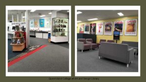 Two pictures one with lounges and prints on a wall. The other with a book display and a cabinet display of items.