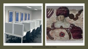 Two pictures one of a painting, the other is of study carrels with prints on the wall